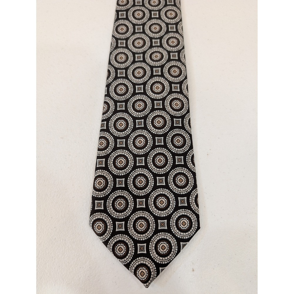 Arrow Necktie Mens‎ Brown Black Geometric Circle Pattern Italian Made 54"